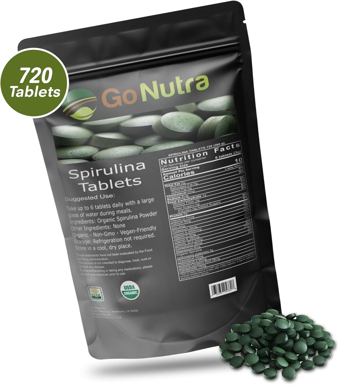 500 mg Organic Spirulina Tablets, 720 Tablets I814480