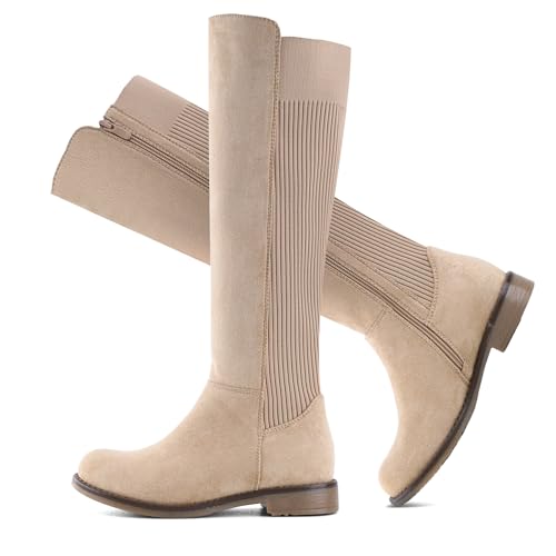 Knee High Boots Flat Low Heel Stretchy Round Toe with Side Zipper G702