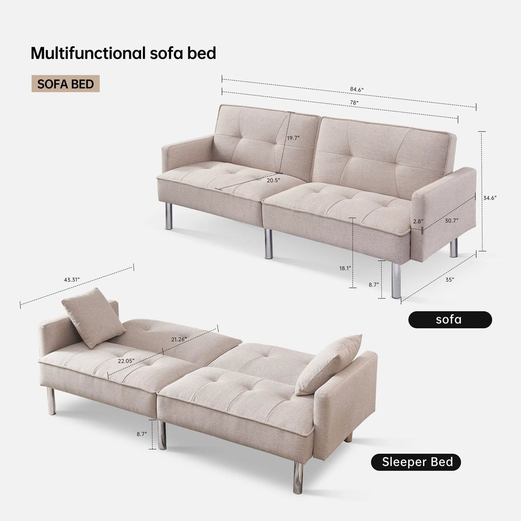84.6 in. Extra Long Tufted Beige Fabric Futon Adjustable Sofa Bed I7373