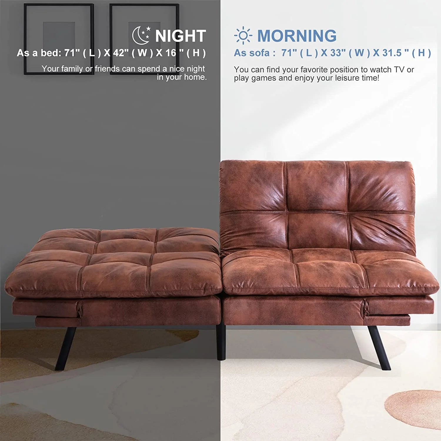 Faux Leather Memory Foam Convertible Futon Sofa Bed A1152
