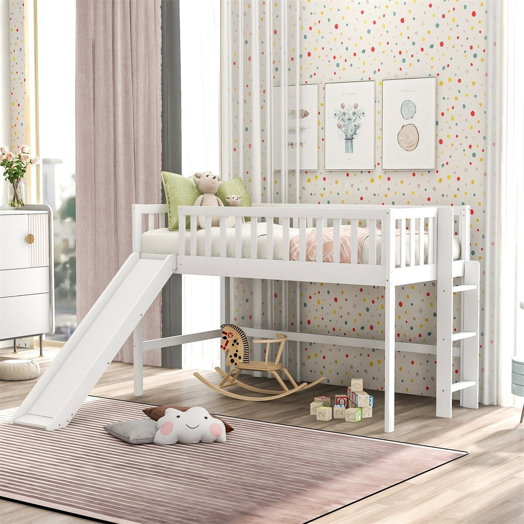 White Wooden Low Loft Bed with Slide and Ladder B199