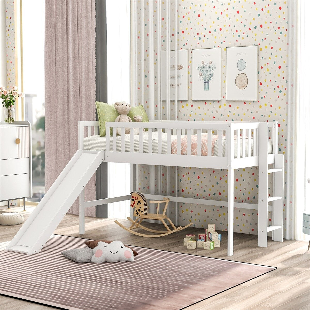 White Wooden Low Loft Bed with Slide and Ladder B199