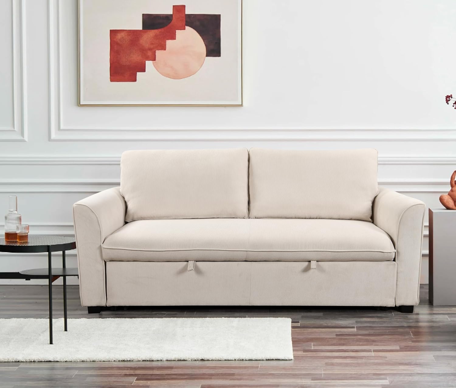 Beige Fabric Convertible Sleeper Sofa with Pull out Bed E31101