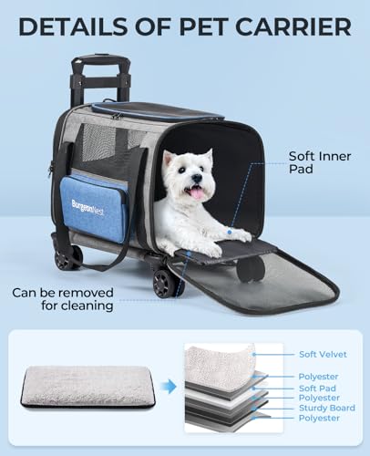 Cat Carrier with Wheels, Airline Approved Pet Carrier for Cats Dogs 15 lbs with Telescopic Handle, Small Dog Carrier with Wheels Removable, Soft Rolling Cat Carrier with Large Pocket V5220
