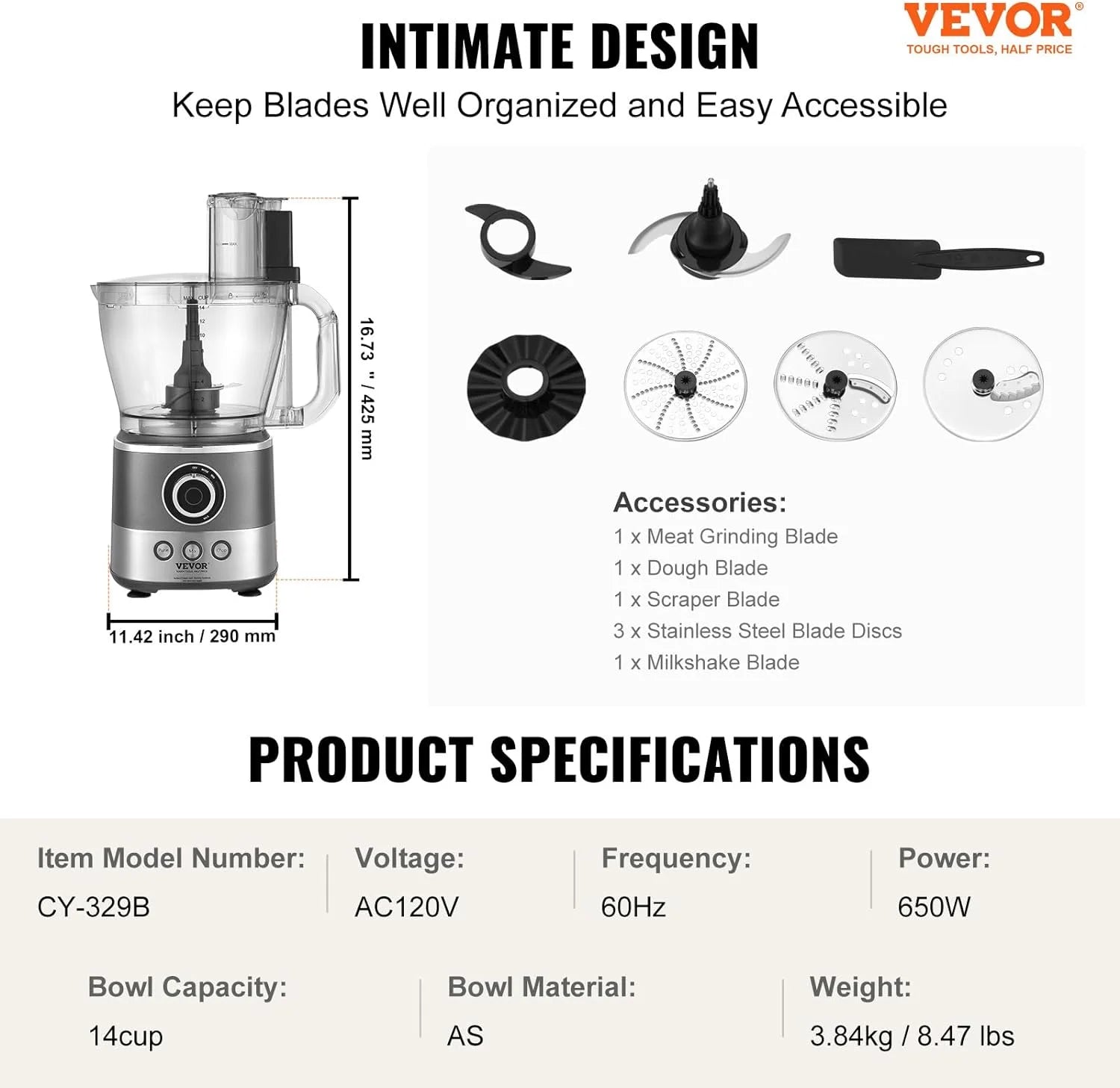 650W 14-Cup Vegetable Chopper 2-Speed Stainless Steel Blade Electric Food Processor, Gray N78680