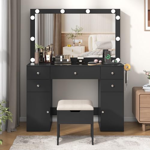 Black Vanity Desk with Lighted Mirror, 5 Drawers, 2 Cabinets, Stool, Glass Top, Sliding Jewelry Storage Shelves M97733
