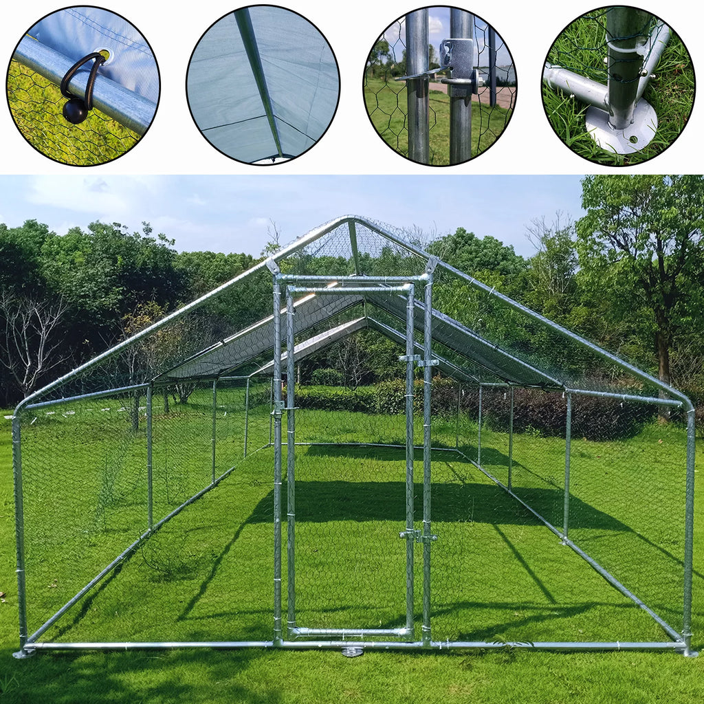Large Chicken Run Coop 10x26ft Metal Hen House Poultry Cage M5459