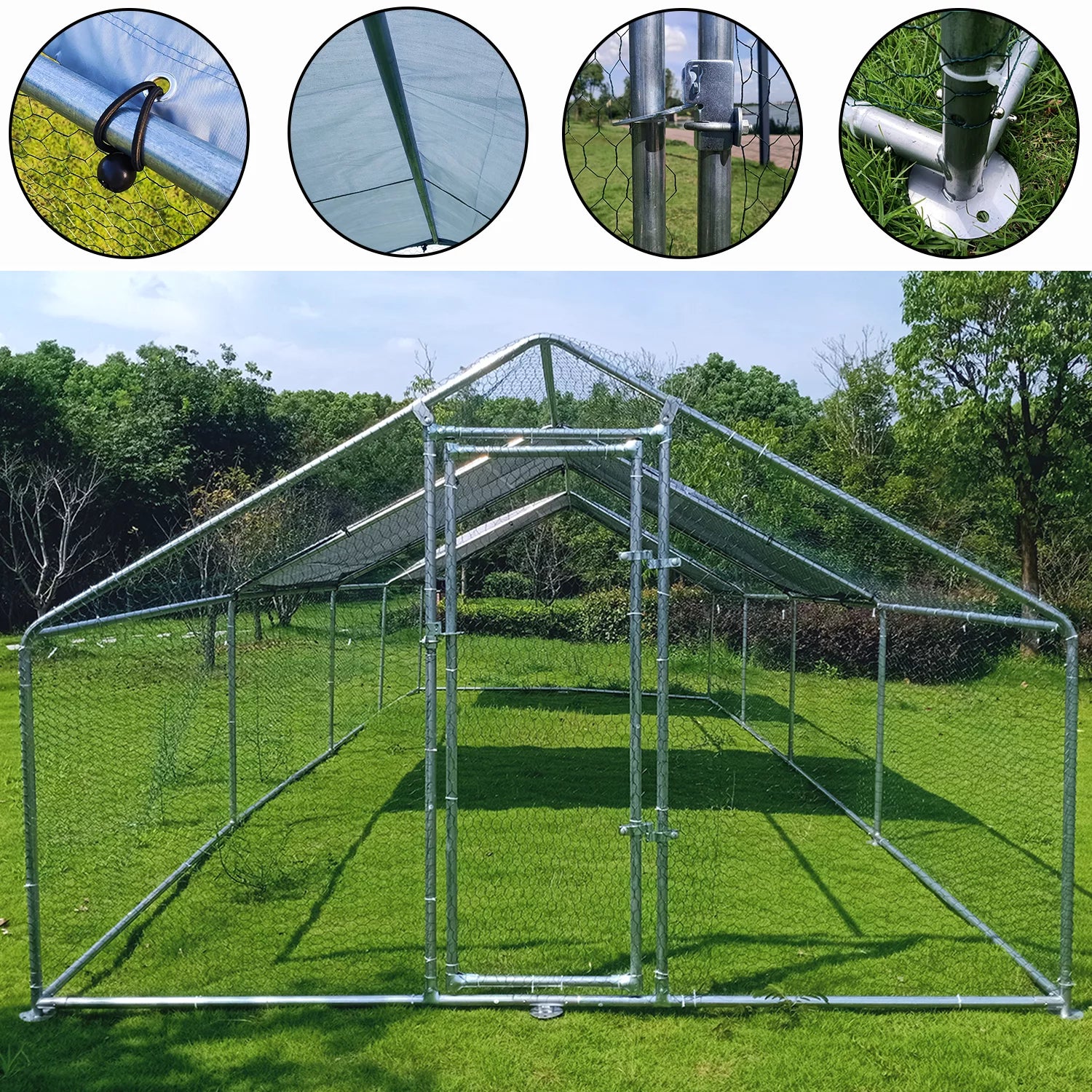 Large Chicken Run Coop 10x26ft Metal Hen House Poultry Cage M5459