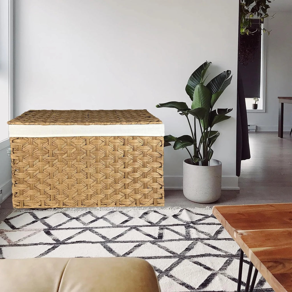 Brown Woven Storage Basket with Lid, 27.7 Gallon H144