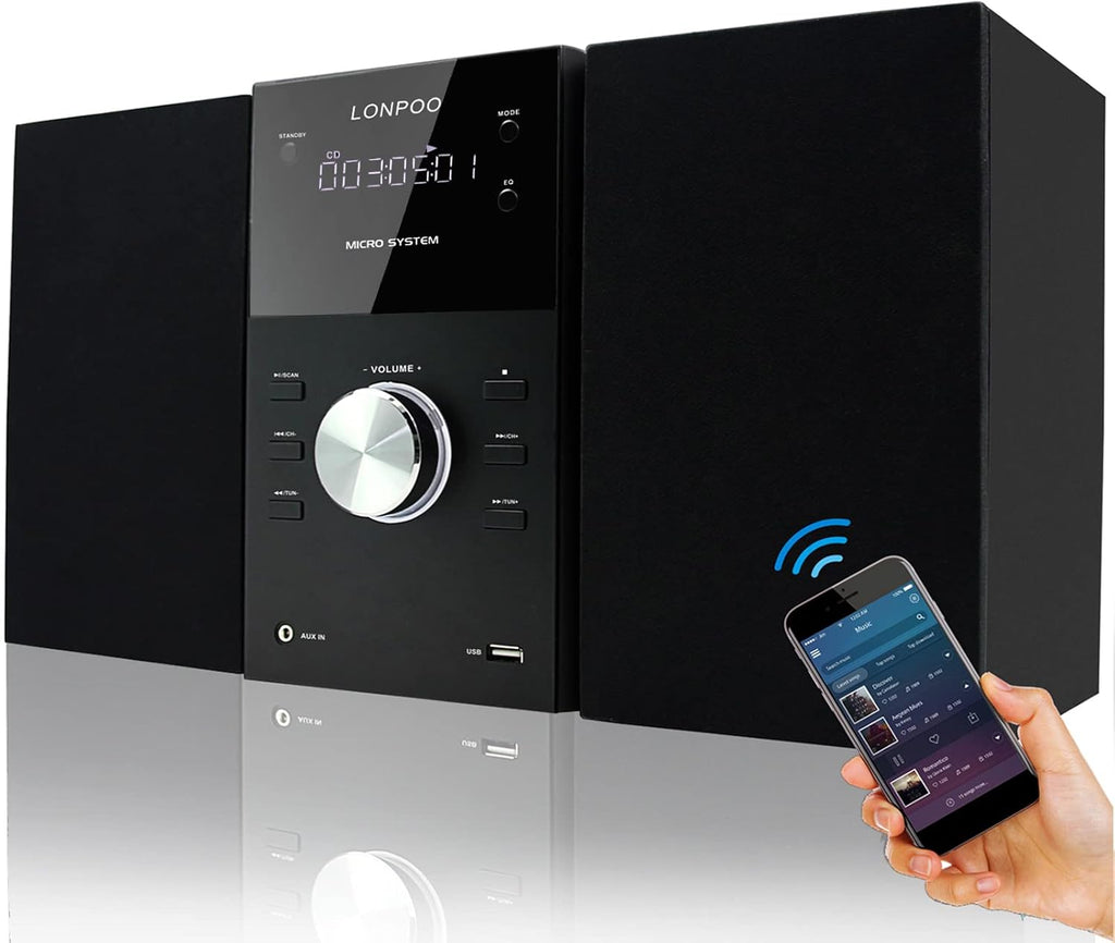 Micro Shelf System with CD Player, Bluetooth, FM Radio, USB Port, AUX-in, Remote Control, LED Display B9004