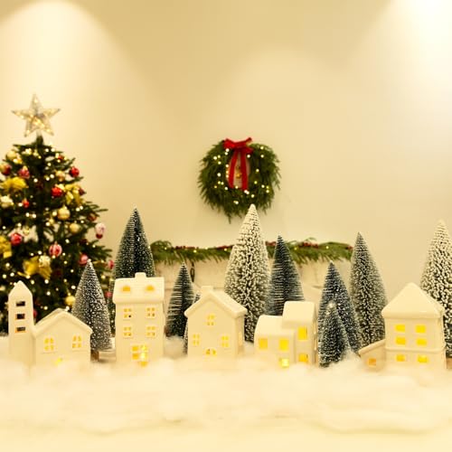5 Pcs White Houses & 9 Pcs Trees & Fake Snow Ceramic Christmas Village Decorations H12273