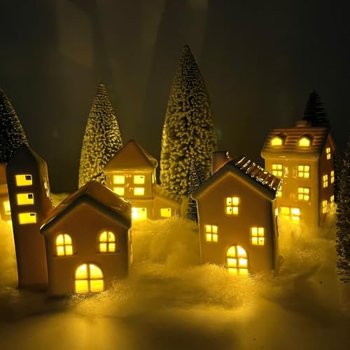 5 Pcs White Houses & 9 Pcs Trees & Fake Snow Ceramic Christmas Village Decorations H12273