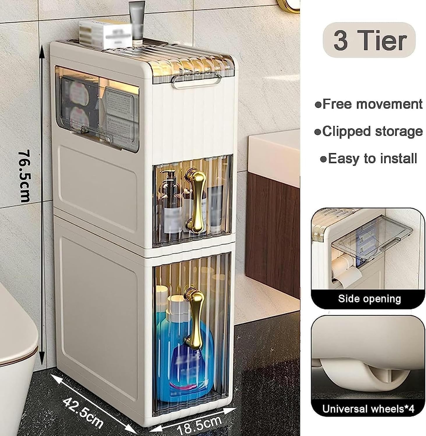 Narrow Bathroom Floor Storage Cabinet with Drawers and Wheels P868021