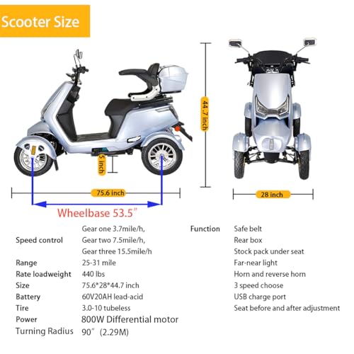 Heavy Duty 4-Wheel 3 Speed Electric Mobility Scooter with Rear Lockbox & Adjustable Seat G3295
