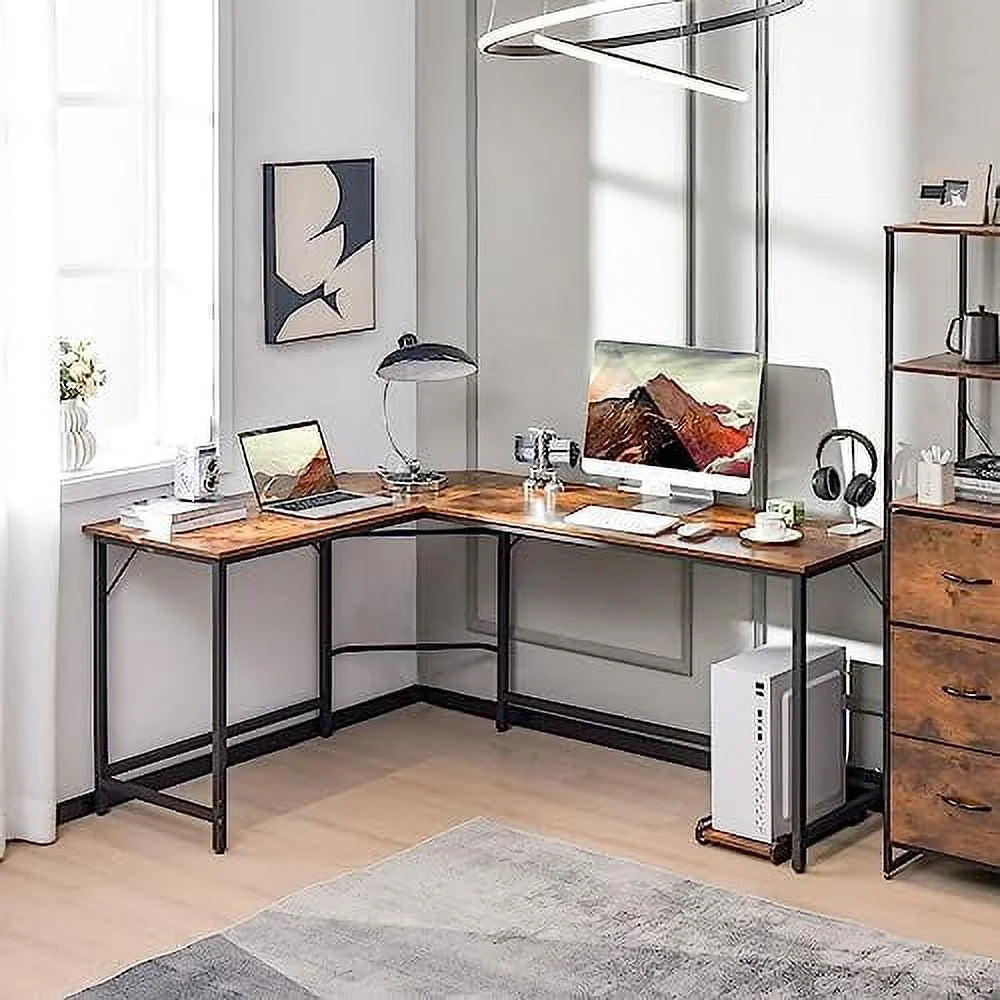 L-Shaped Desk with CPU Stand 66 Inch Wooden Metal Frame Black F7595