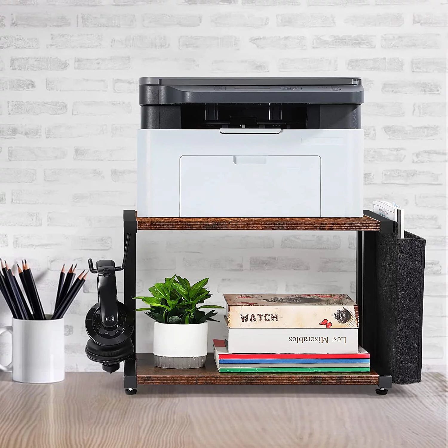 2-Tier Mobile Printer Stand Shelf with Storage Under Desk Printer Cart U47882