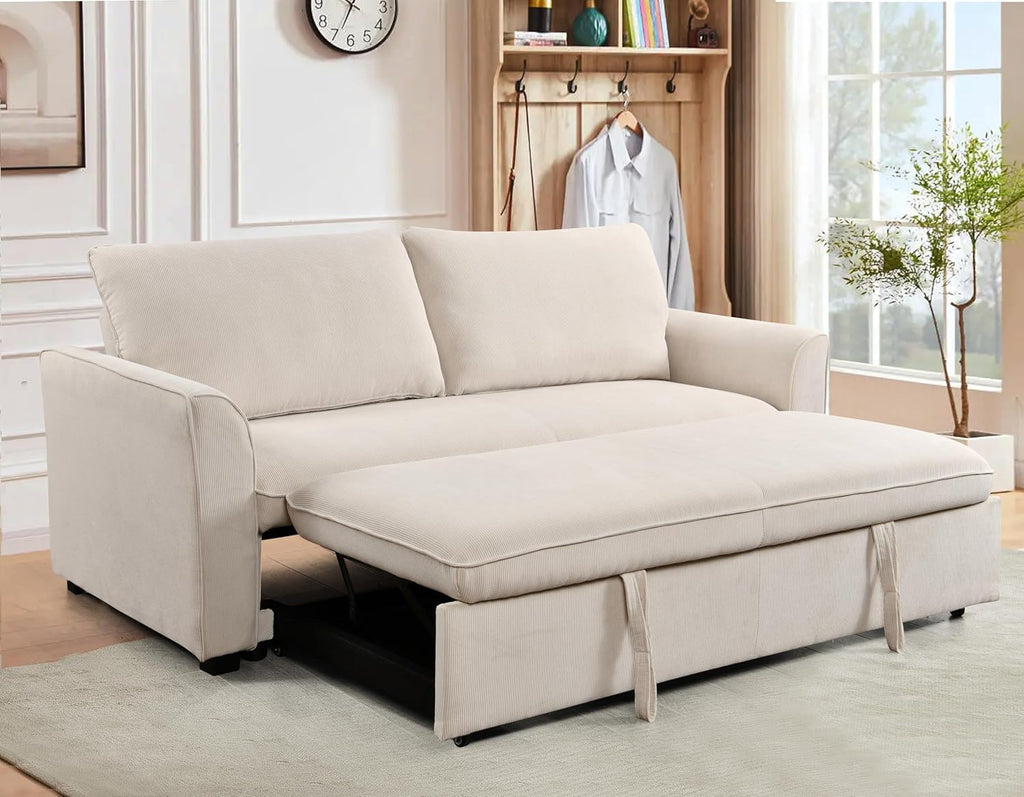 Beige Fabric Convertible Sleeper Sofa with Pull out Bed E31101