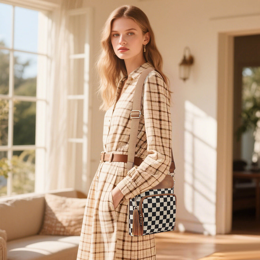 Ounamei Checkered Crossbody Bag in PU Leather & Canvas | Lightweight Shoulder Bag for Women