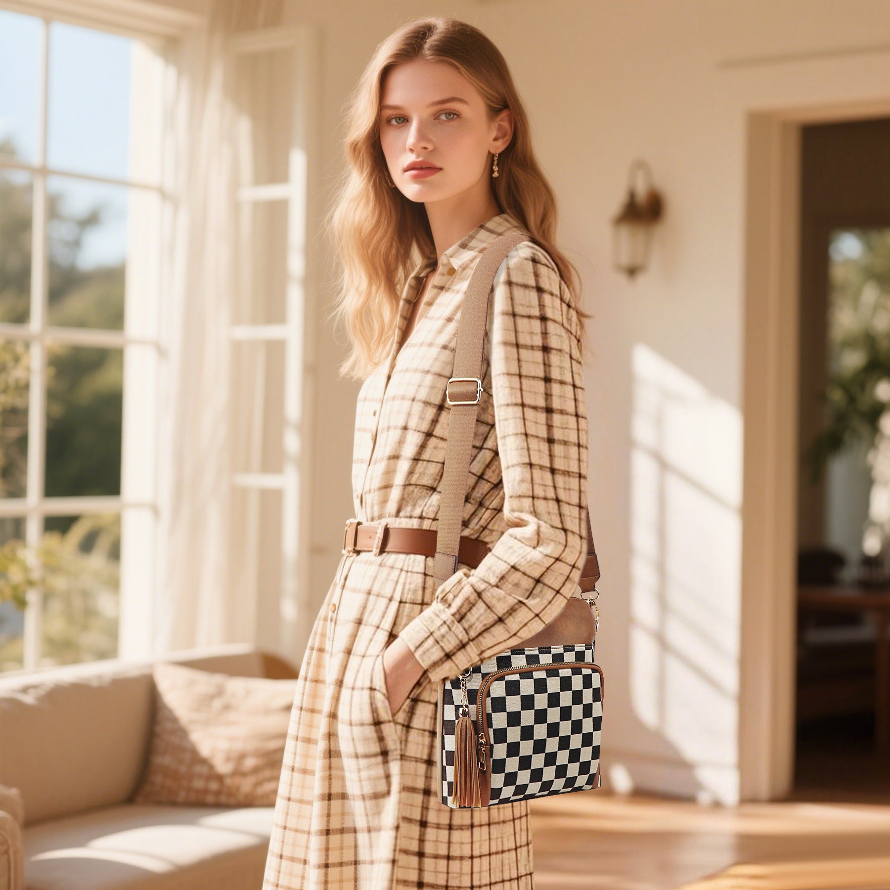 Ounamei Checkered Crossbody Bag in PU Leather & Canvas | Lightweight Shoulder Bag for Women