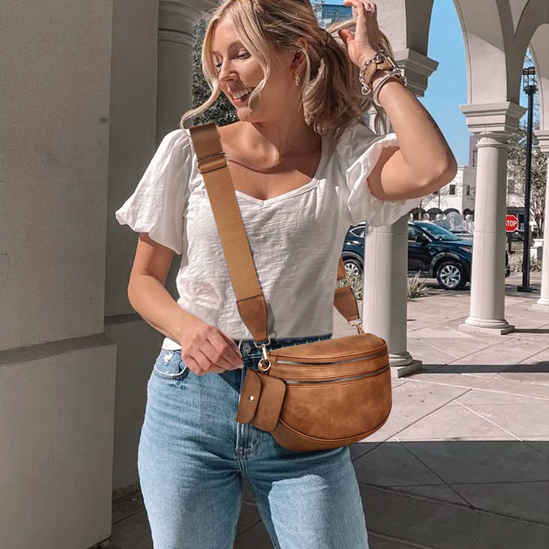 Ounamei Solid Color Crossbody Bum Bag for Women Vegan Leather Large Capacity Belt Bag for Moms & Everyday Travel