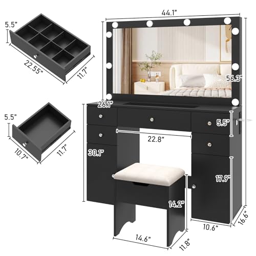 Black Vanity Desk with Lighted Mirror, 5 Drawers, 2 Cabinets, Stool, Glass Top, Sliding Jewelry Storage Shelves M97733