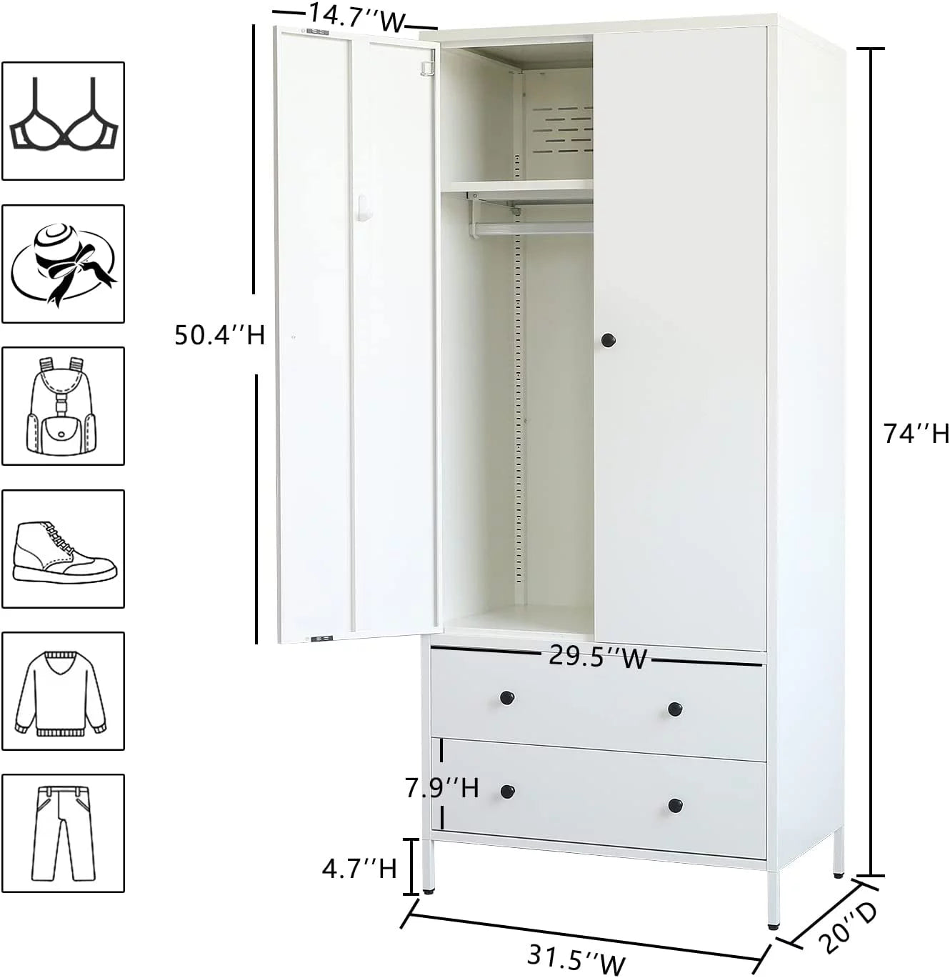 Metal Storage Wardrobe with Hanging Rod, 2 Doors and 2 Drawers, Steel Wardrobe Closet, 74" H x 31.5" W x 20" D (White) L5753