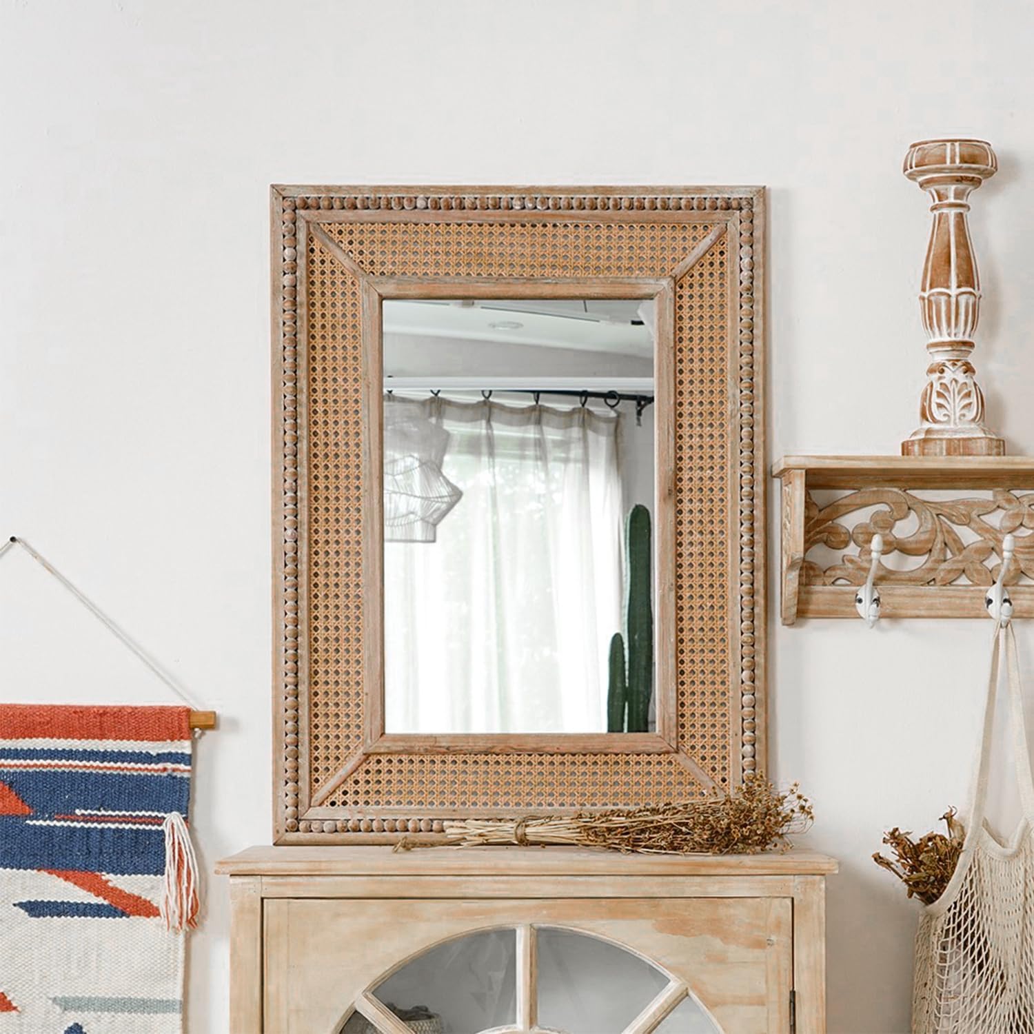 Boho Rattan Wall Mirror Wooden Framed Rectangle Mirror 24.21" x 1.18" x 32.28" N6858
