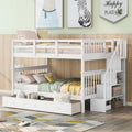 White Full Over Full Wooden Bunk Bed with Stairs and Storage Drawers L13742