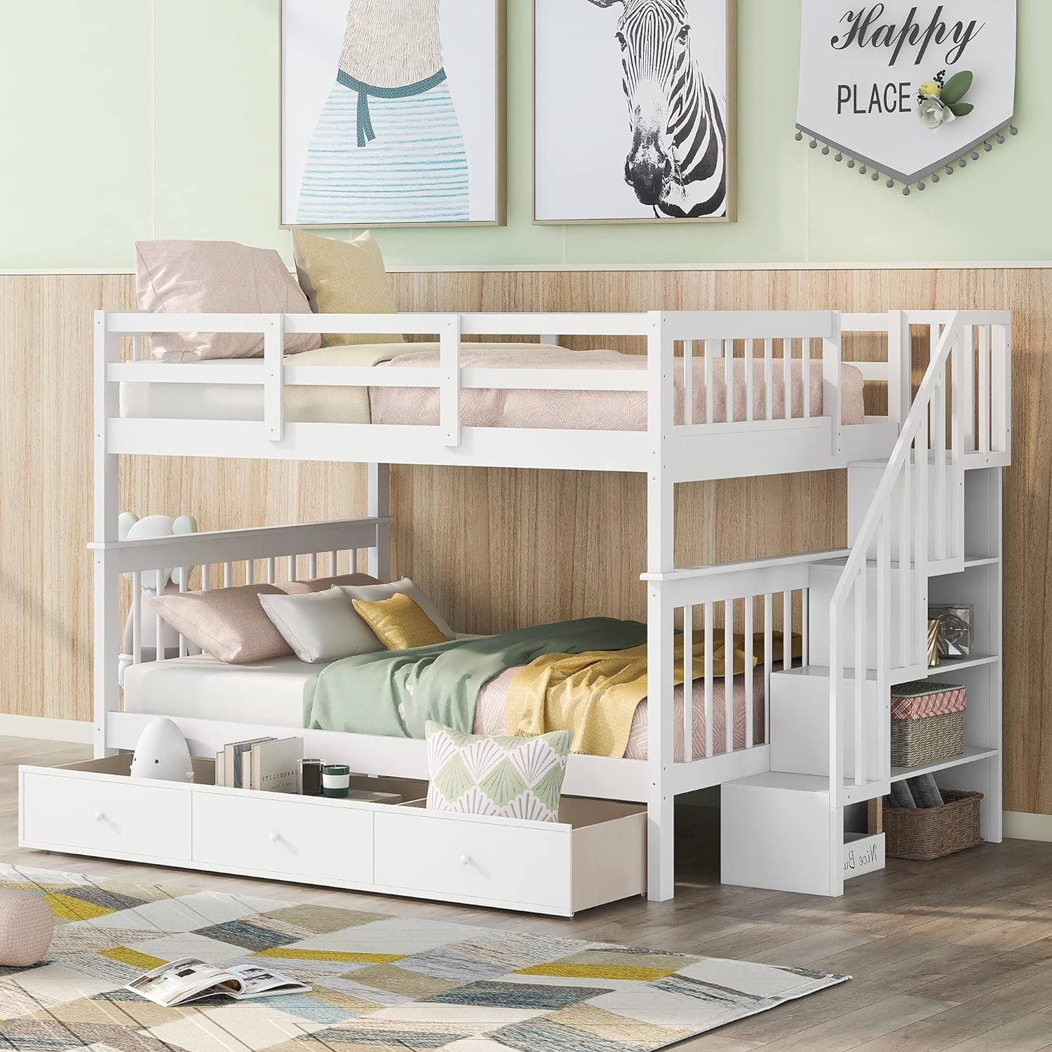White Full Over Full Wooden Bunk Bed with Stairs and Storage Drawers L13742