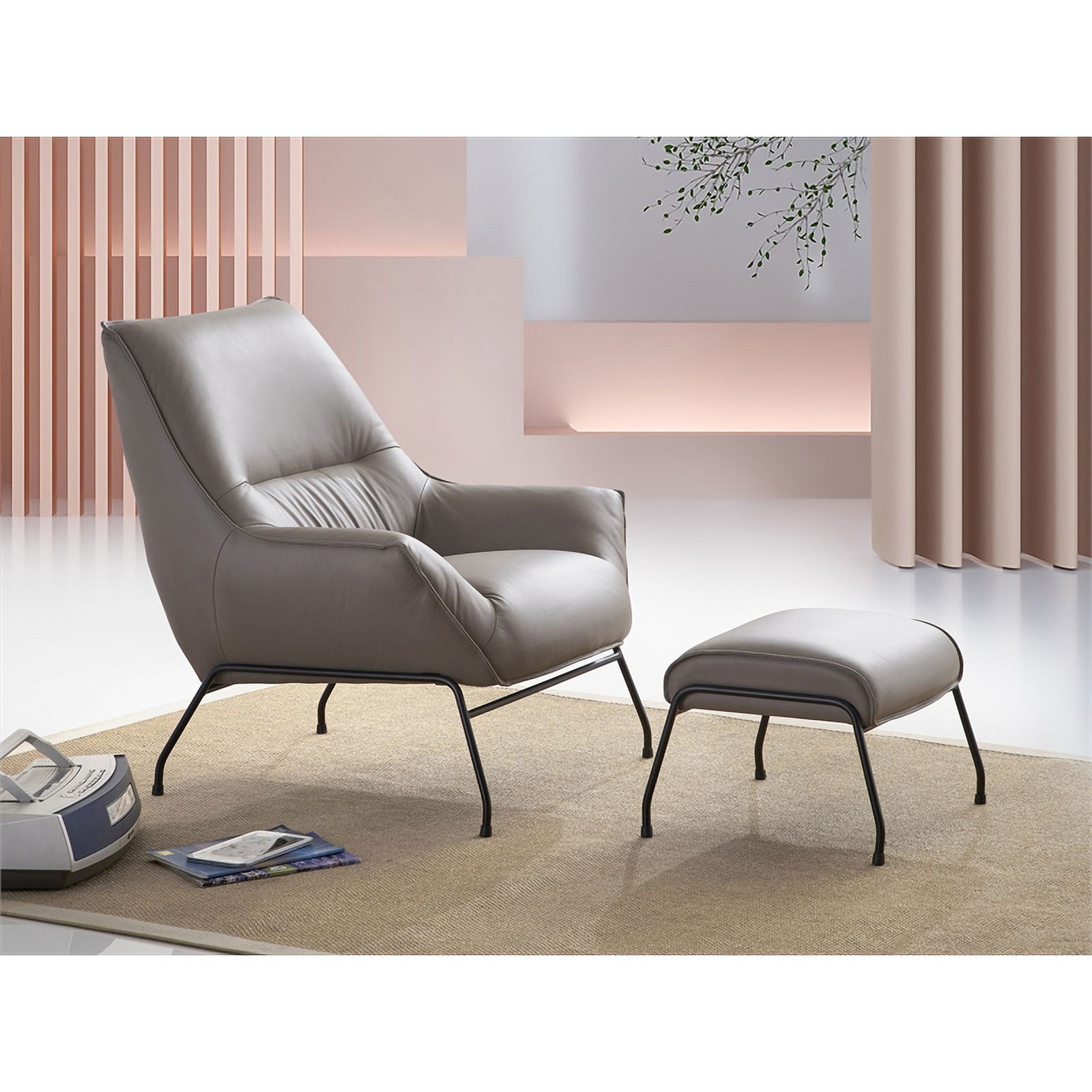 Khaki Upholstered Leather Accent Chair and Ottoman W796