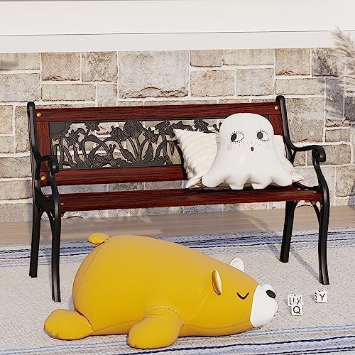 Outdoor Kids Bench Patio Mini Sized Garden Bench With Wooden Seat And Cast Iron Backrest O642