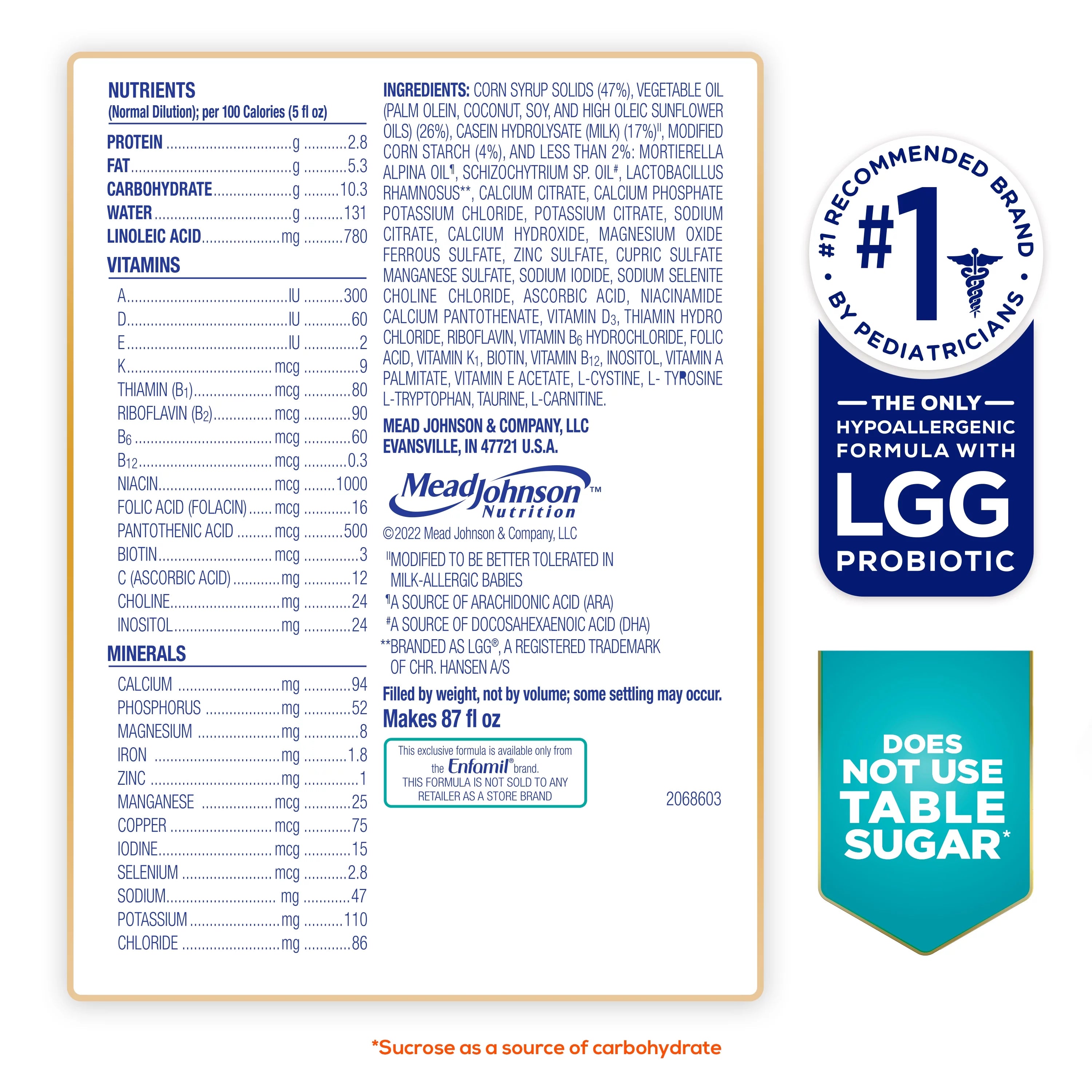 Hypoallergenic Lactose Free Infant Formula Powder Can, 27.8 Oz W823665