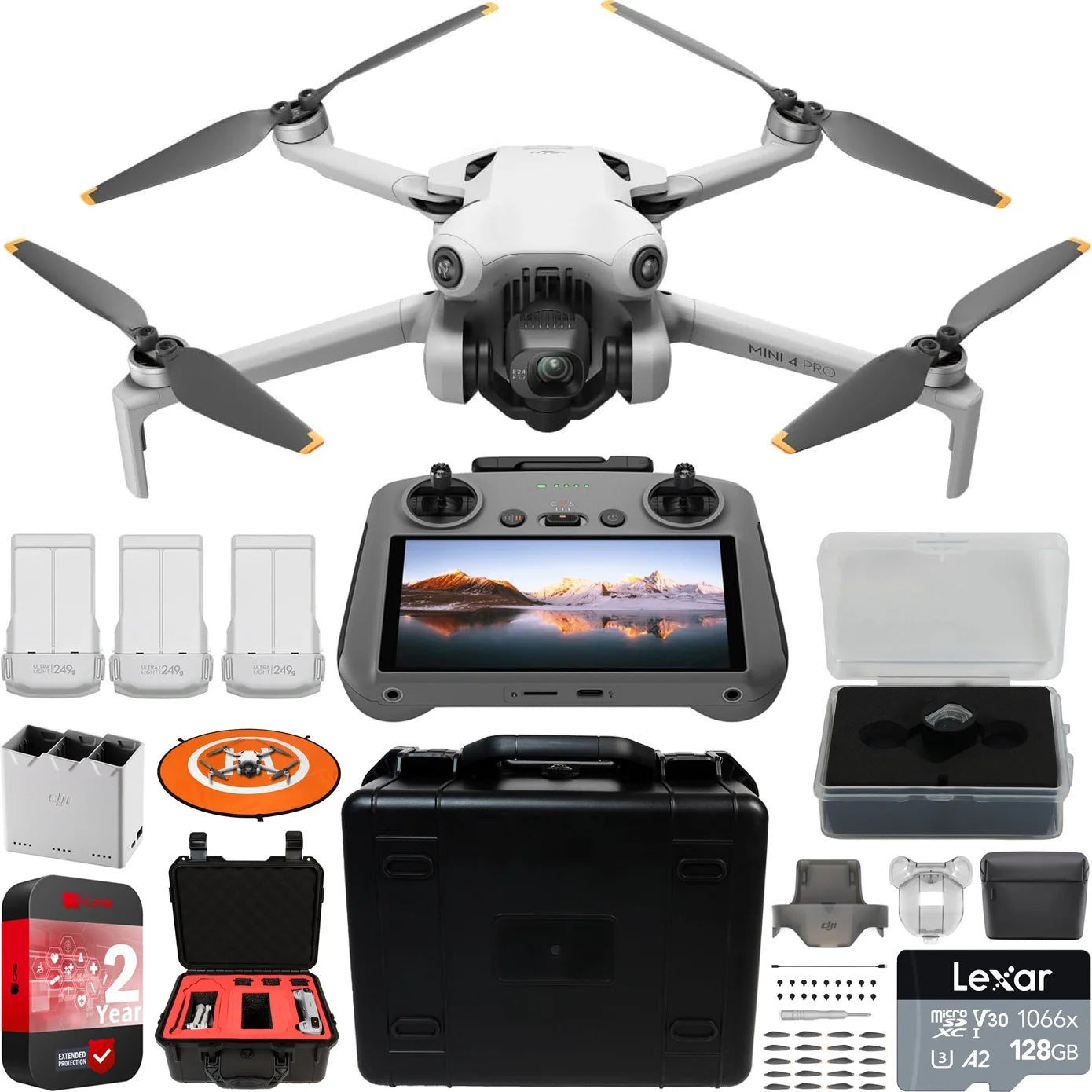 Folding Drone with RC 2 Remote, 4K HDR Video Camera, Under 249g, 3 Batteries Bundle with Hard Case + Wide Angle Lens C841897