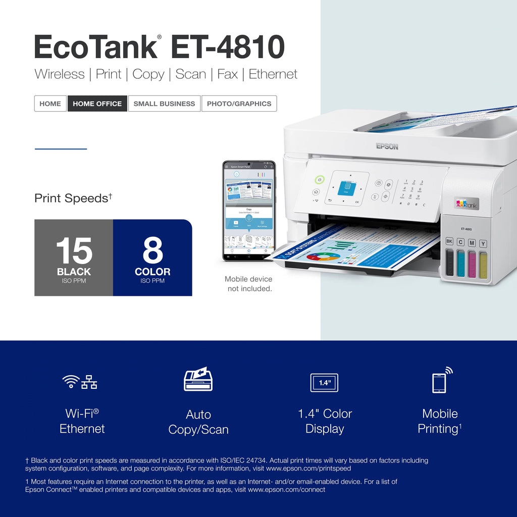 EcoTank ET-4810 Wireless All-in-One Supertank Printer with Scanner, Copier, Fax, ADF and Ethernet T823911
