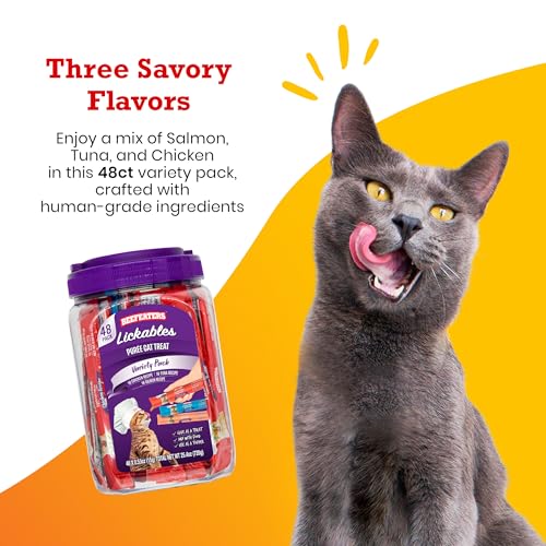 Cat Treats Variety Pack Lickable Puree 48ct Salmon Tuna Chicken Grain-Free Taurine-Enriched M7700