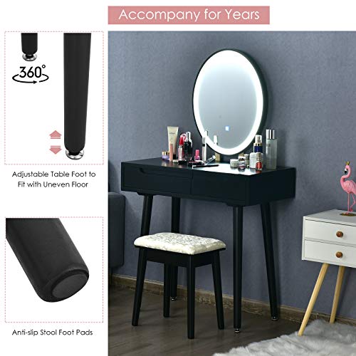 White Vanity Set with Touch Mirror, Cushioned Stool, 2 Sliding Drawers Y705474
