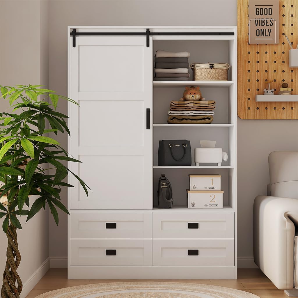 Solid Wood Armoire Wardrobe Closet with Sliding Barn Door, 4 Drawers, 3 Adjustable Shelves & Hanging Rod O972