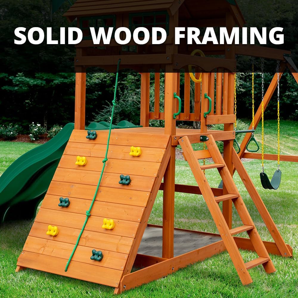 Oversized Green Vinyl Canopy Roof Wooden Swing Set with Climbing Wall, Ladder, Swings and Slide Z501661