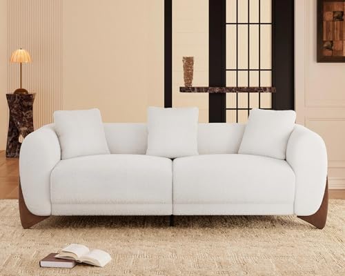 White 3 Seater Sherpa Boucle Sofa with Wood Legs A12741
