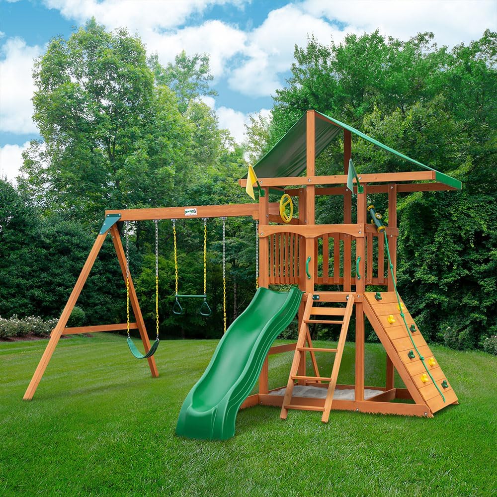Oversized Green Vinyl Canopy Roof Wooden Swing Set with Climbing Wall, Ladder, Swings and Slide Z501661