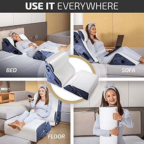 5 Pcs Adjustable Memory Foam Bed Wedge Pillow Set with Leg Elevation Pillow (Grey with Cooling Fabric) P673