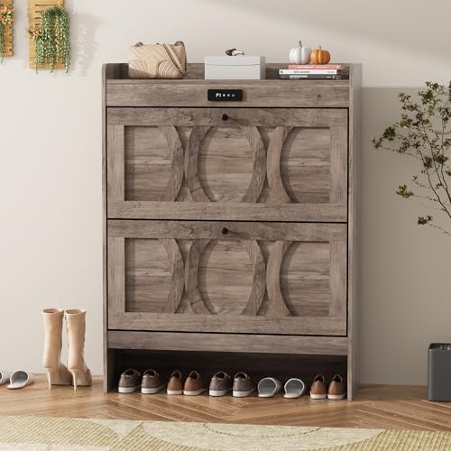 Rustic White Shoe Storage Cabinet with 2 Flip Drawers O92155