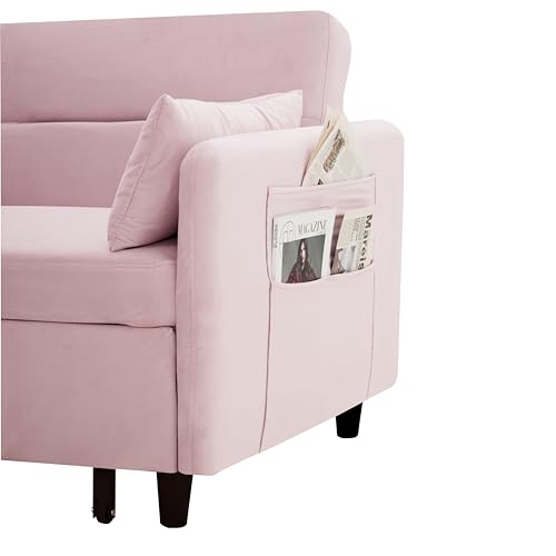 Pink Velvet Sleeper Sofa Couch Bed with Two Pillows Q18078