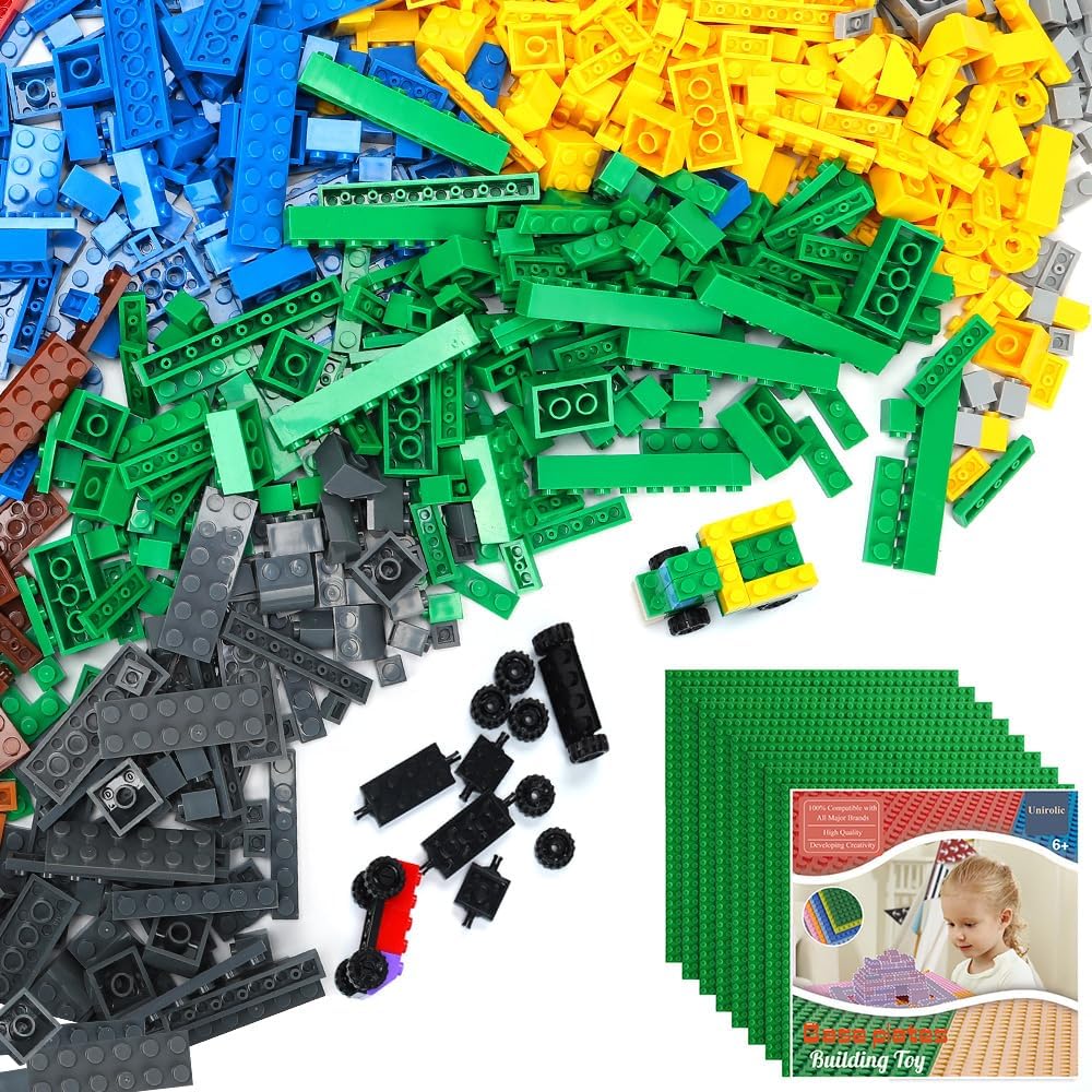 1546 Pieces Basic Building Blocks with Wheels and 8 Pack of Blue Baseplate T1450