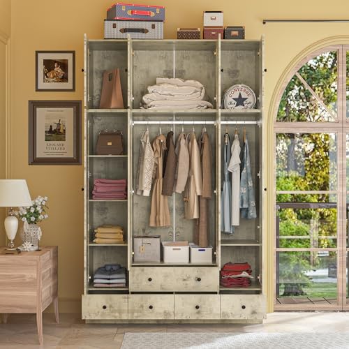 Light Brown 10 Shelves 4 Drawers Wooden Wardrobe Armoire W4624
