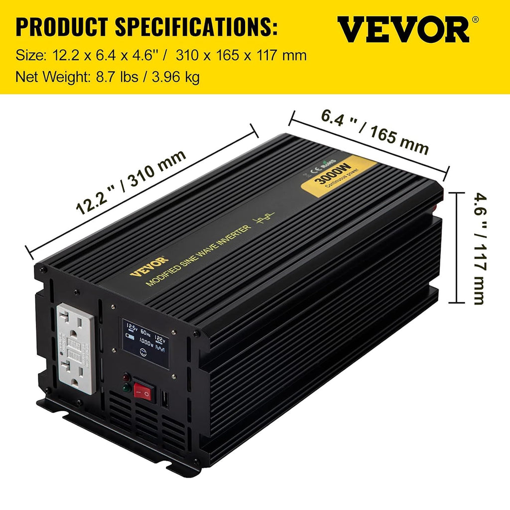 3000W Modified Sine Wave Inverter DC 12V to AC 120V with LCD Display F969