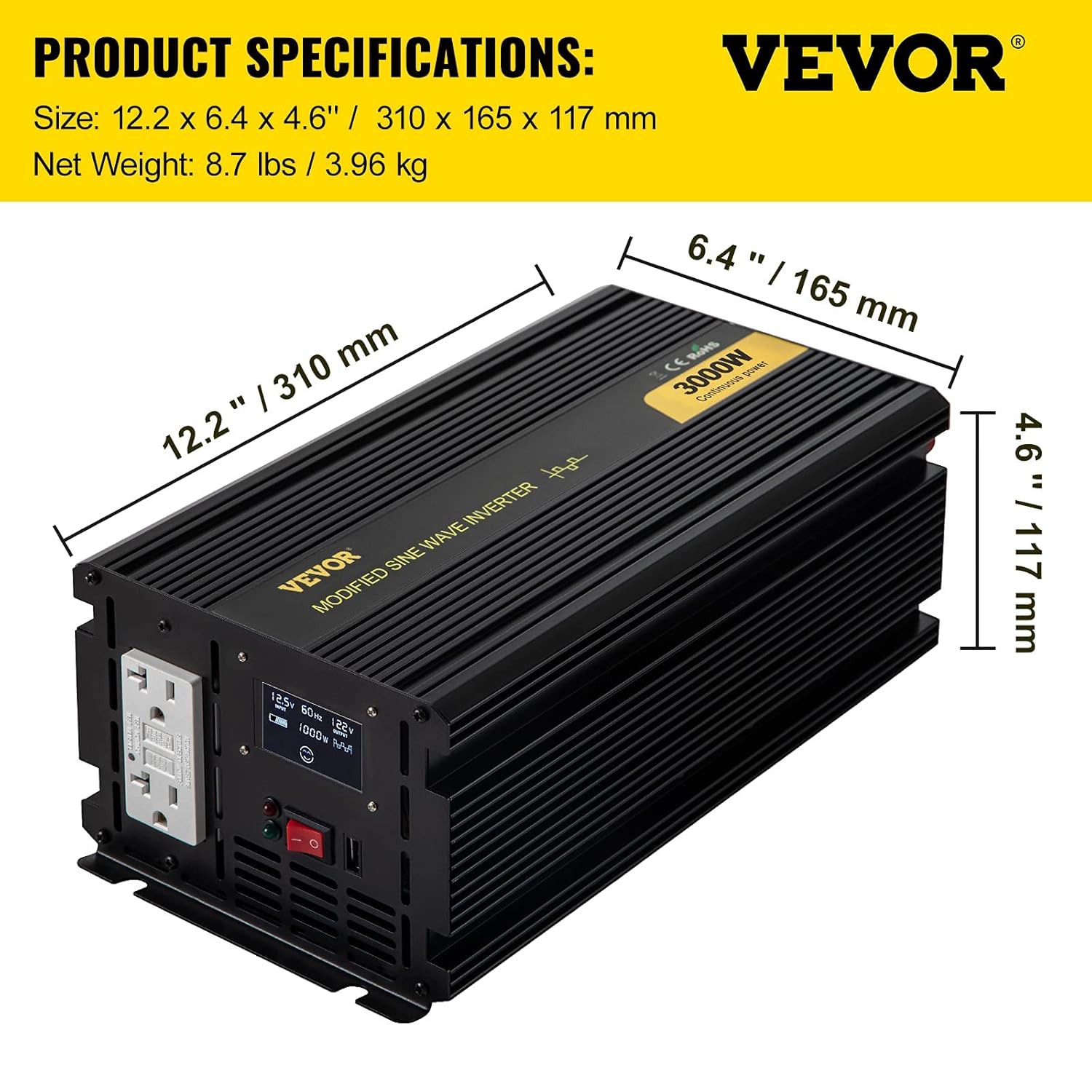 3000W Modified Sine Wave Inverter DC 12V to AC 120V with LCD Display F969