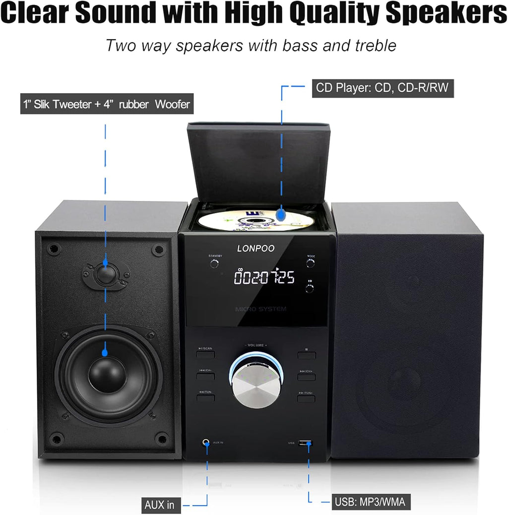Micro Shelf System with CD Player, Bluetooth, FM Radio, USB Port, AUX-in, Remote Control, LED Display B9004