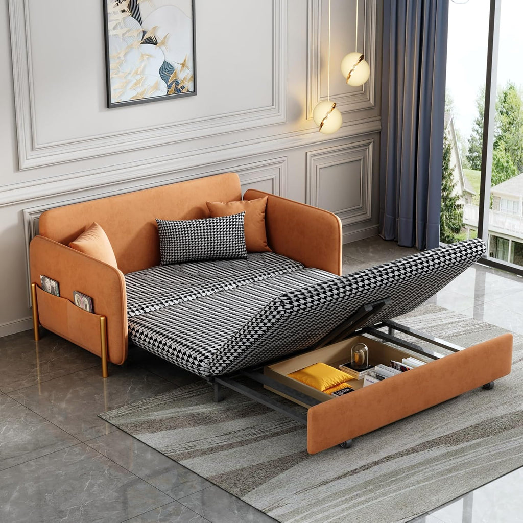 Orange Velvet Convertible Sleeper Sofa Bed U712