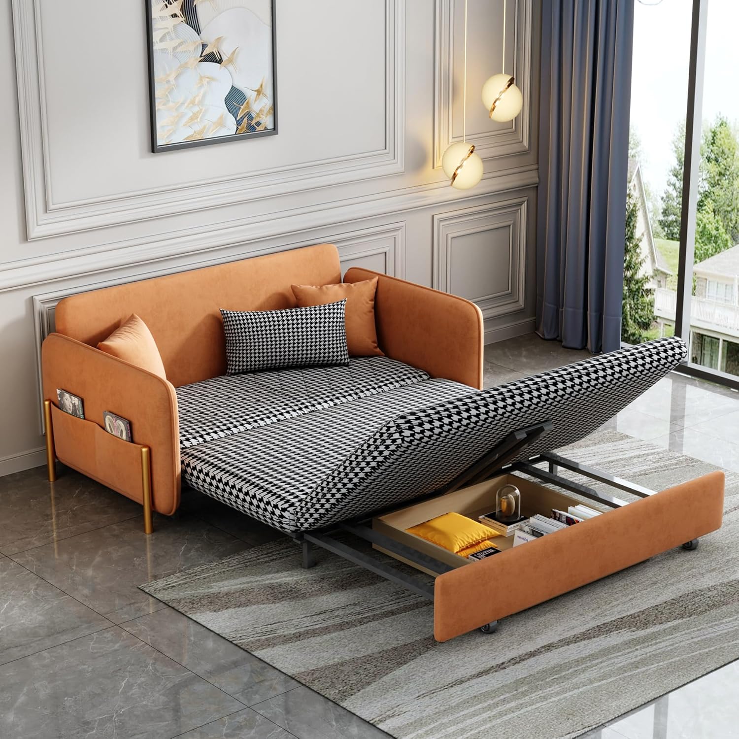 Orange Velvet Convertible Sleeper Sofa Bed U712